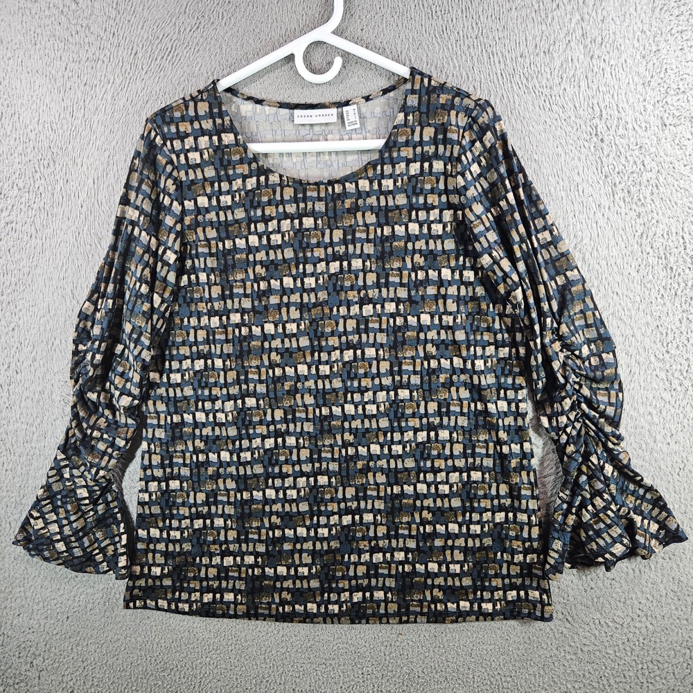Susan Graver Liquid Knit Geometric Print Ruched Bell Sleeve Top Navy Tan Women M